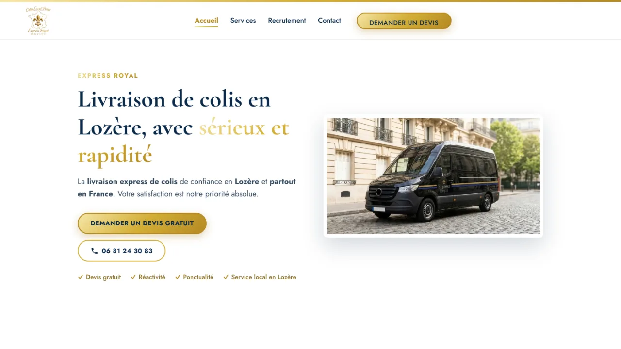 Page d'accueil du site Colis Excel Pelat — Express Royal, livraison de colis en Lozère