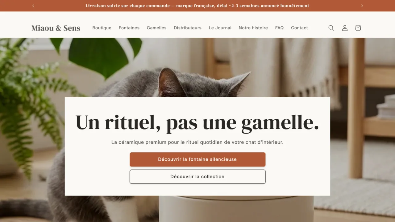 Page d'accueil de la boutique en ligne Miaou & Sens — céramique pour chat