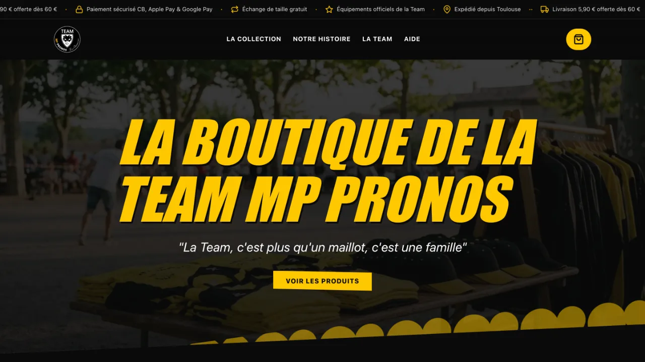 Page d'accueil de la boutique en ligne Team MP Pronos